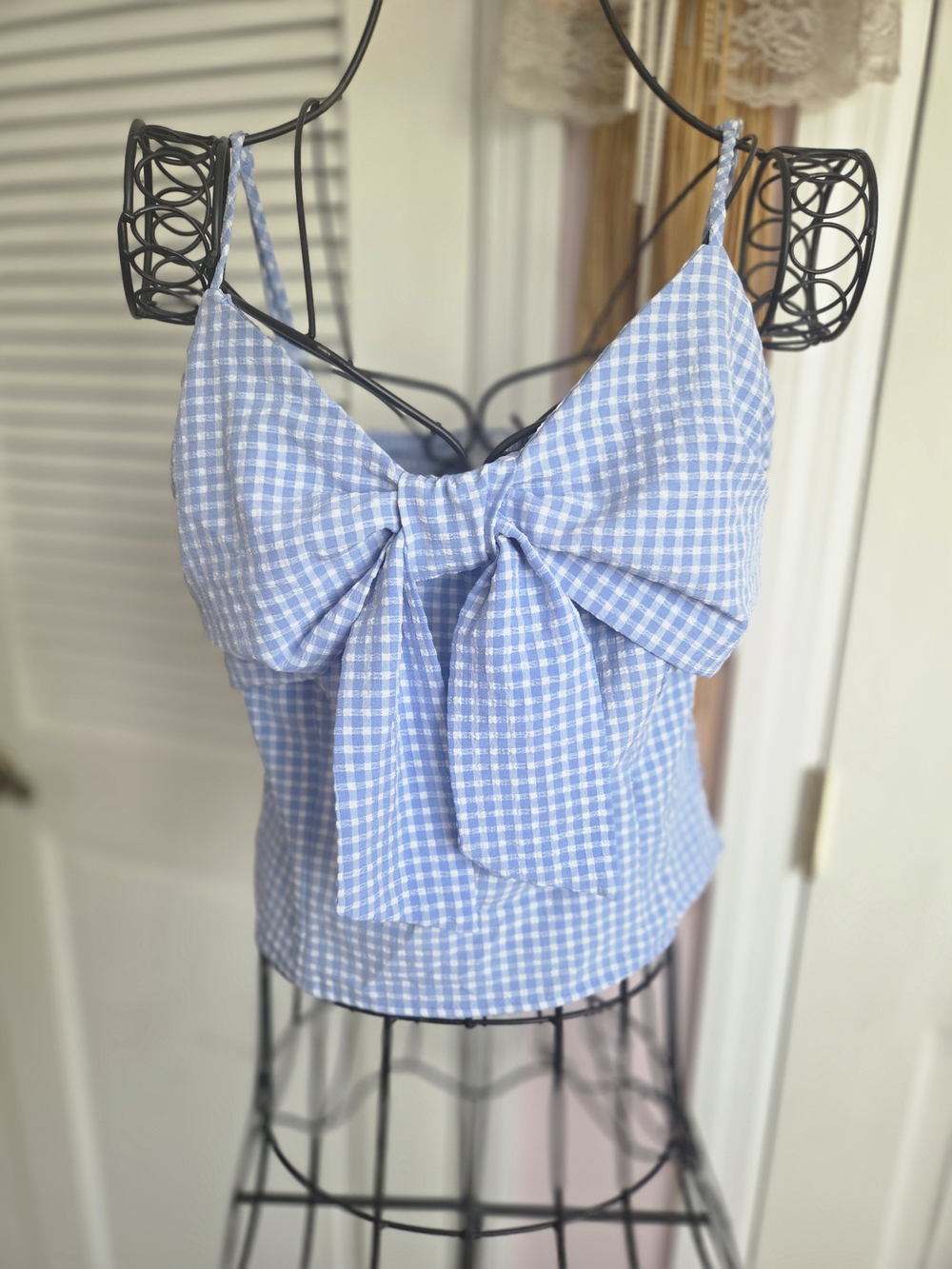 Sienna Sky Blue Gingham Tie-Front Crop Cami